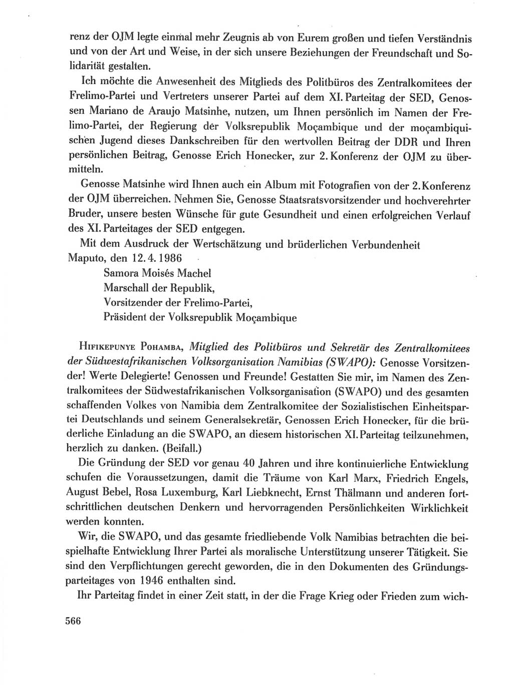 Protokoll der Verhandlungen des Ⅺ. Parteitages der Sozialistischen Einheitspartei Deutschlands (SED) [Deutsche Demokratische Republik (DDR)] 1986, Seite 566