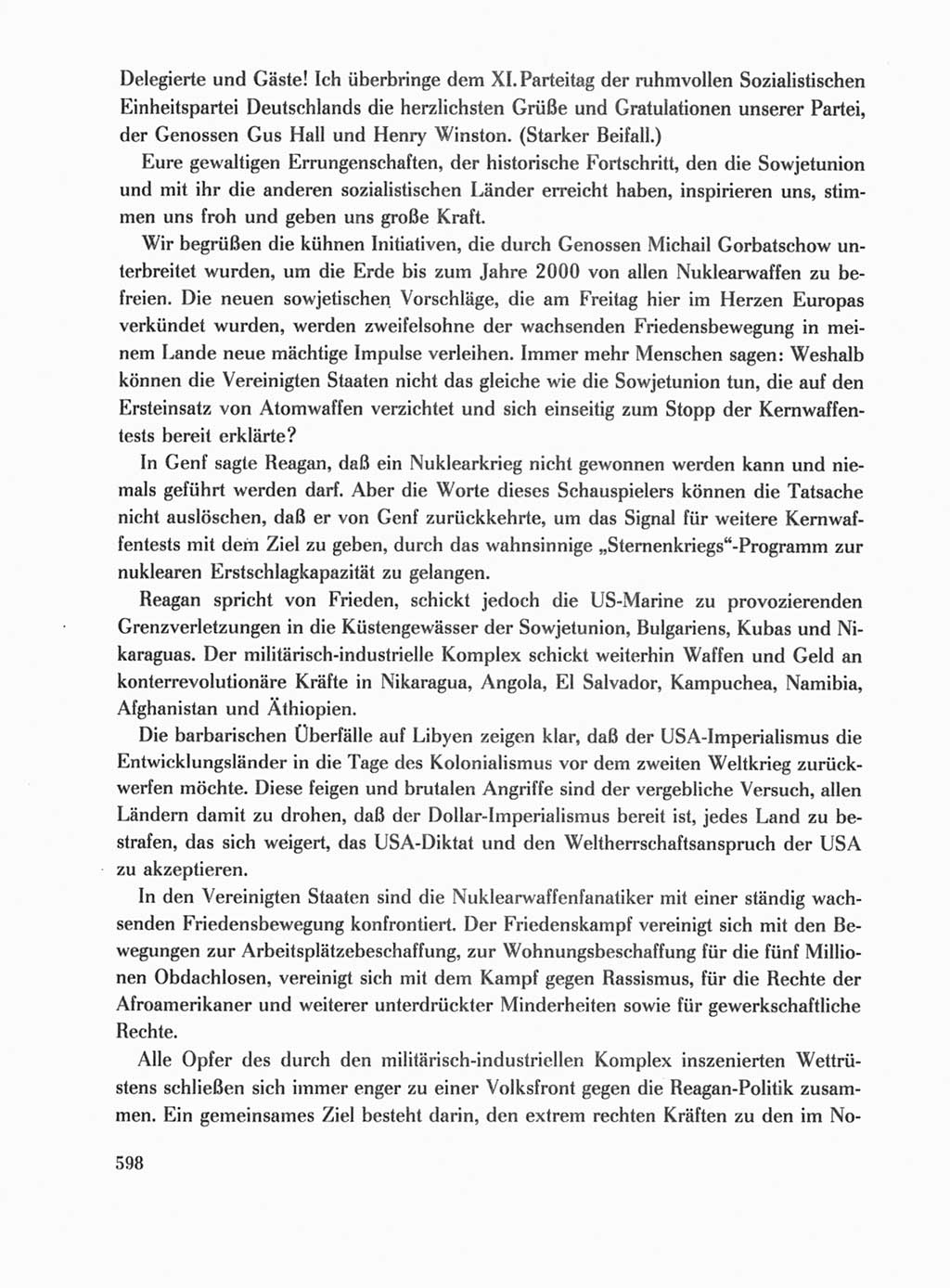 Protokoll der Verhandlungen des Ⅺ. Parteitages der Sozialistischen Einheitspartei Deutschlands (SED) [Deutsche Demokratische Republik (DDR)] 1986, Seite 598