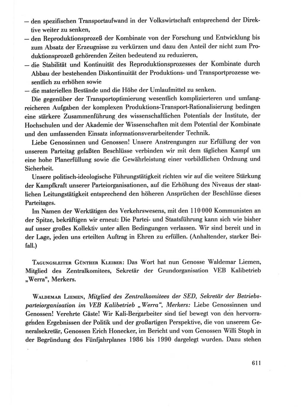 Protokoll der Verhandlungen des Ⅺ. Parteitages der Sozialistischen Einheitspartei Deutschlands (SED) [Deutsche Demokratische Republik (DDR)] 1986, Seite 611