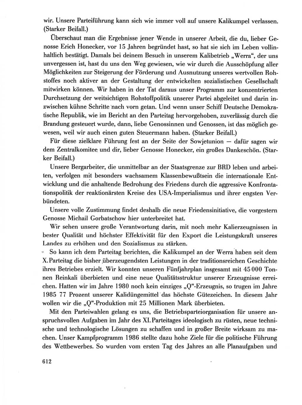 Protokoll der Verhandlungen des Ⅺ. Parteitages der Sozialistischen Einheitspartei Deutschlands (SED) [Deutsche Demokratische Republik (DDR)] 1986, Seite 612