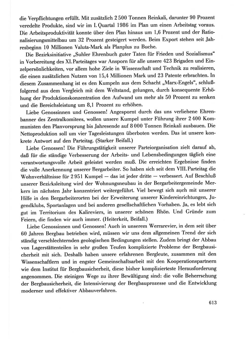 Protokoll der Verhandlungen des Ⅺ. Parteitages der Sozialistischen Einheitspartei Deutschlands (SED) [Deutsche Demokratische Republik (DDR)] 1986, Seite 613