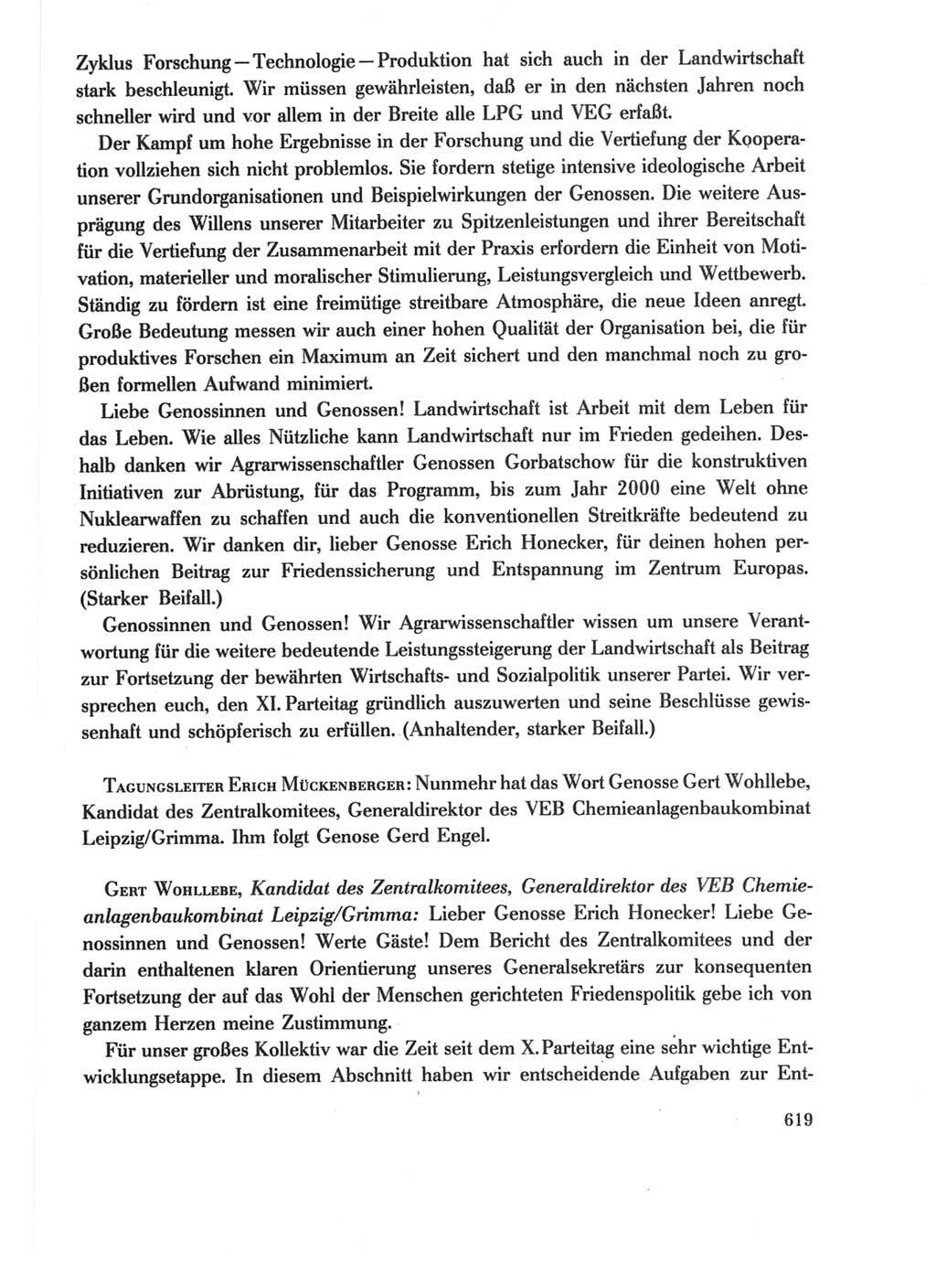 Protokoll der Verhandlungen des Ⅺ. Parteitages der Sozialistischen Einheitspartei Deutschlands (SED) [Deutsche Demokratische Republik (DDR)] 1986, Seite 619