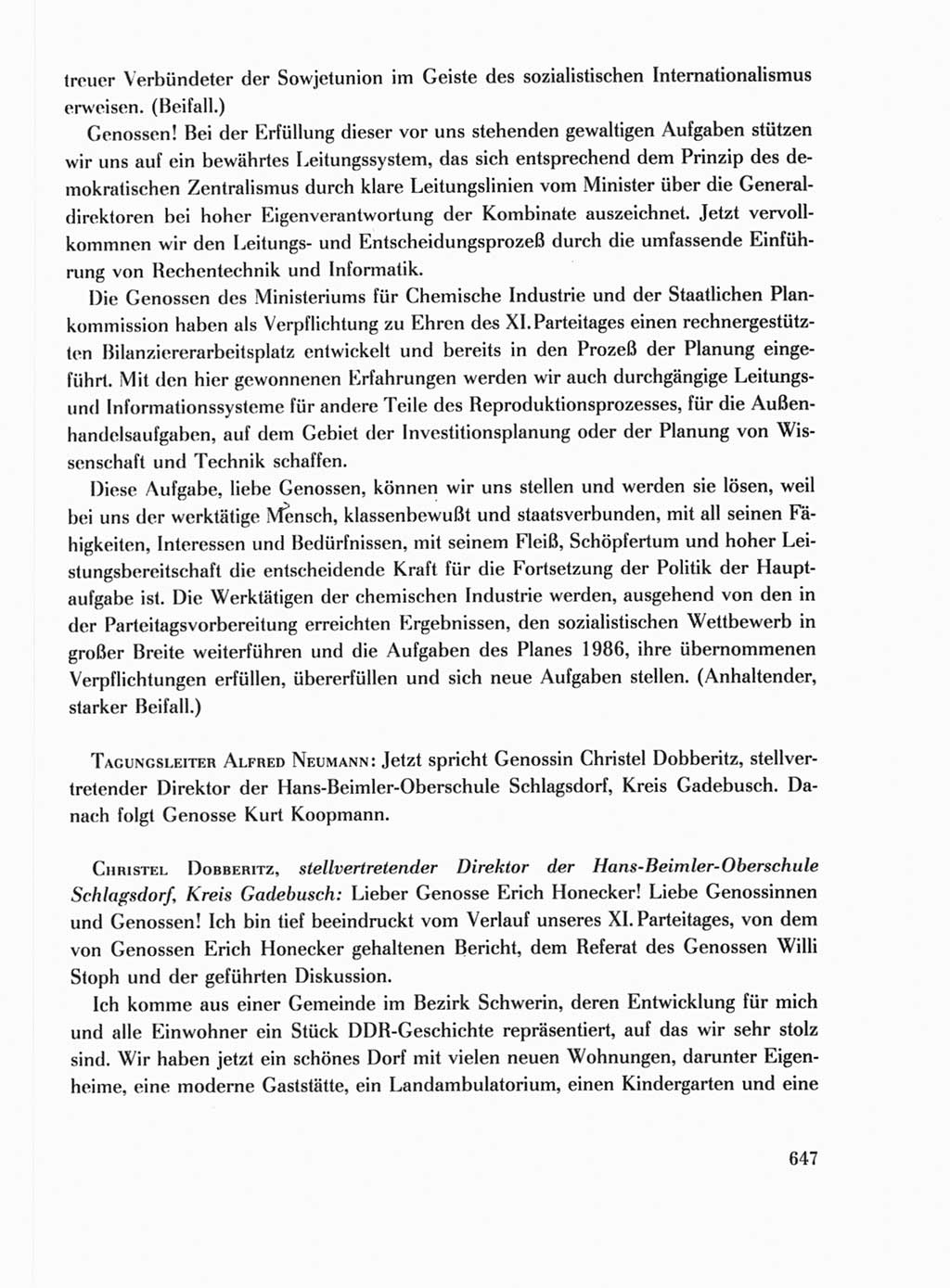 Protokoll der Verhandlungen des Ⅺ. Parteitages der Sozialistischen Einheitspartei Deutschlands (SED) [Deutsche Demokratische Republik (DDR)] 1986, Seite 647