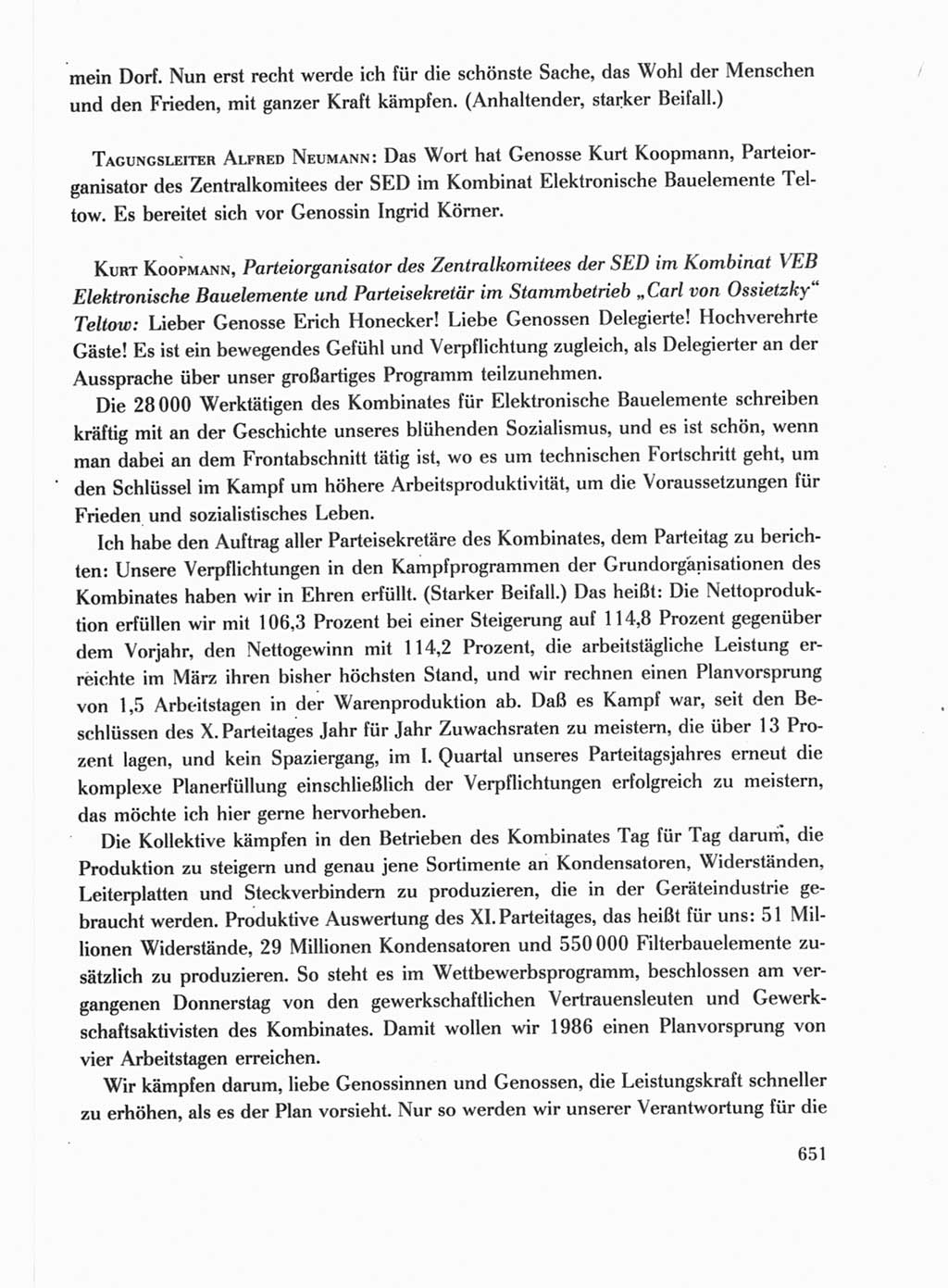 Protokoll der Verhandlungen des Ⅺ. Parteitages der Sozialistischen Einheitspartei Deutschlands (SED) [Deutsche Demokratische Republik (DDR)] 1986, Seite 651