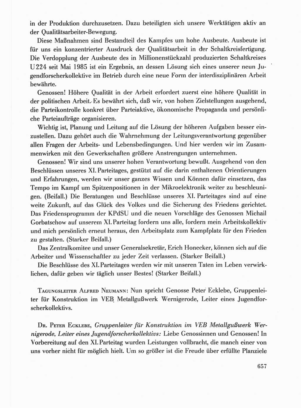 Protokoll der Verhandlungen des Ⅺ. Parteitages der Sozialistischen Einheitspartei Deutschlands (SED) [Deutsche Demokratische Republik (DDR)] 1986, Seite 657