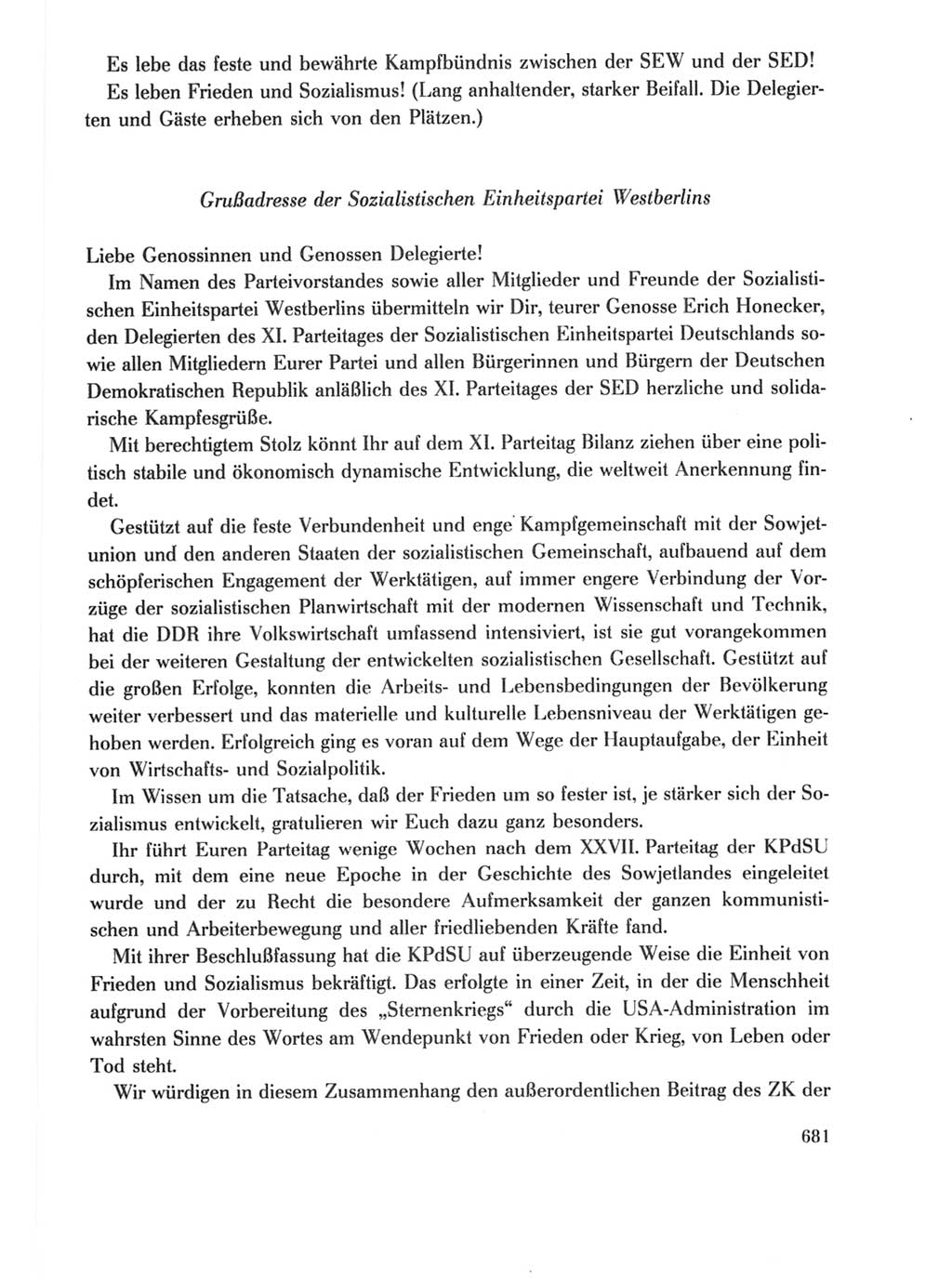 Protokoll der Verhandlungen des Ⅺ. Parteitages der Sozialistischen Einheitspartei Deutschlands (SED) [Deutsche Demokratische Republik (DDR)] 1986, Seite 681
