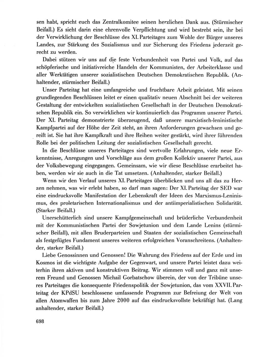 Protokoll der Verhandlungen des Ⅺ. Parteitages der Sozialistischen Einheitspartei Deutschlands (SED) [Deutsche Demokratische Republik (DDR)] 1986, Seite 698
