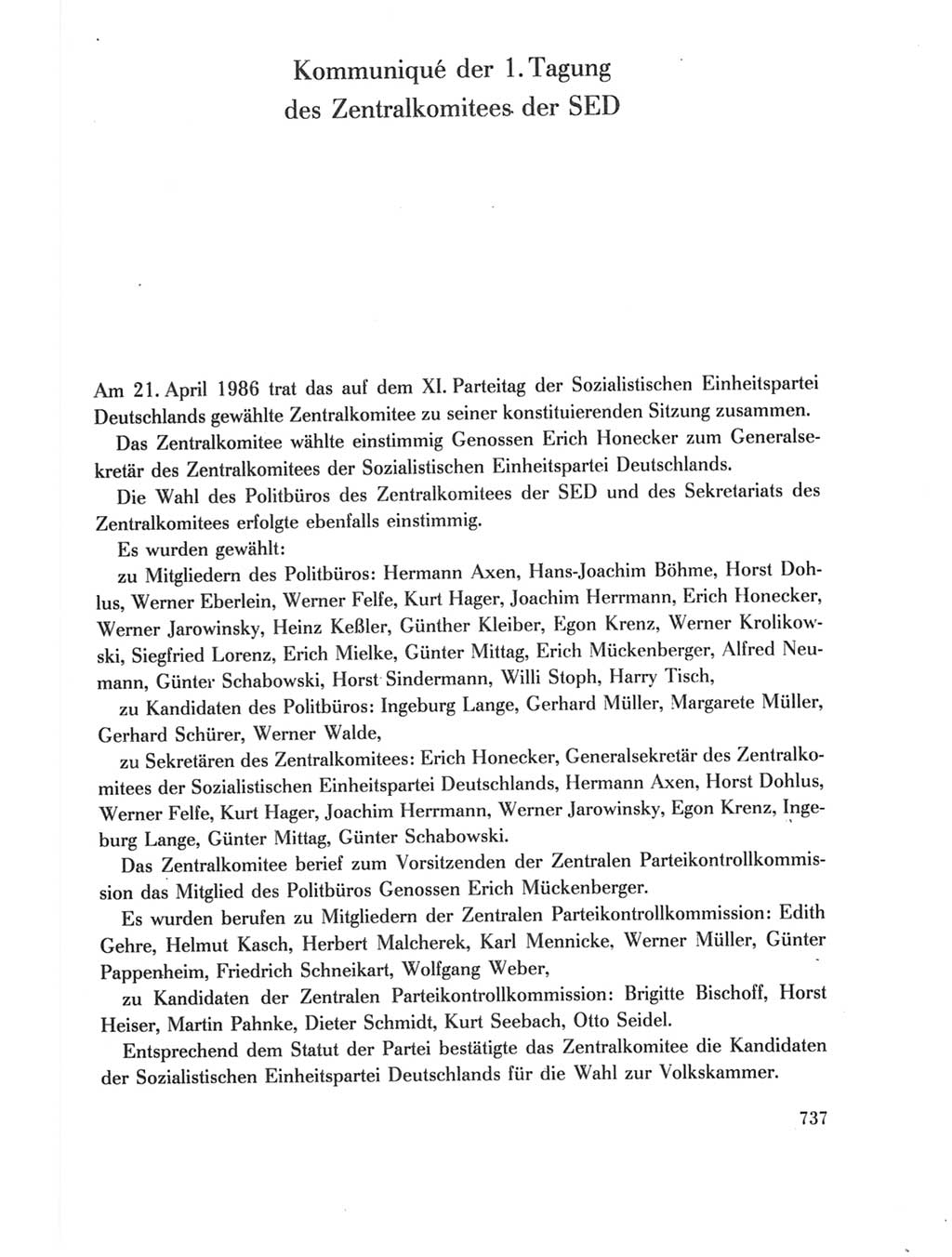 Protokoll der Verhandlungen des Ⅺ. Parteitages der Sozialistischen Einheitspartei Deutschlands (SED) [Deutsche Demokratische Republik (DDR)] 1986, Seite 737