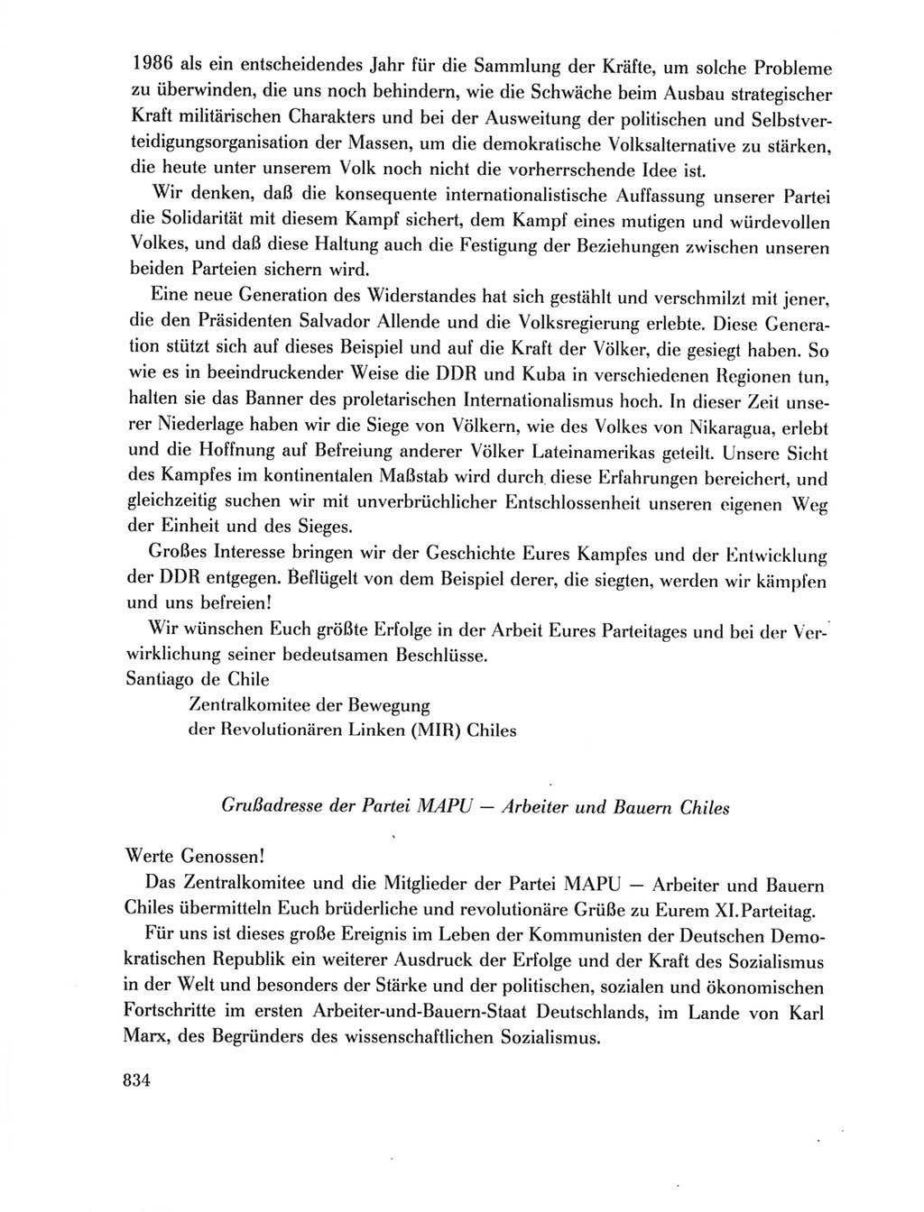 Protokoll der Verhandlungen des Ⅺ. Parteitages der Sozialistischen Einheitspartei Deutschlands (SED) [Deutsche Demokratische Republik (DDR)] 1986, Seite 834