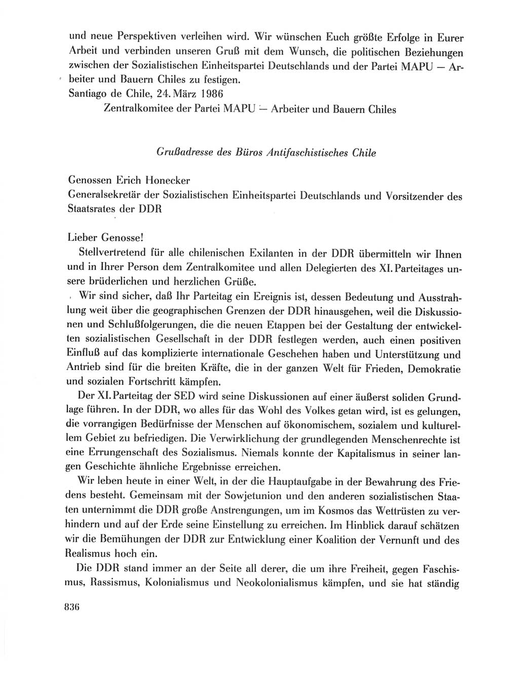 Protokoll der Verhandlungen des Ⅺ. Parteitages der Sozialistischen Einheitspartei Deutschlands (SED) [Deutsche Demokratische Republik (DDR)] 1986, Seite 836