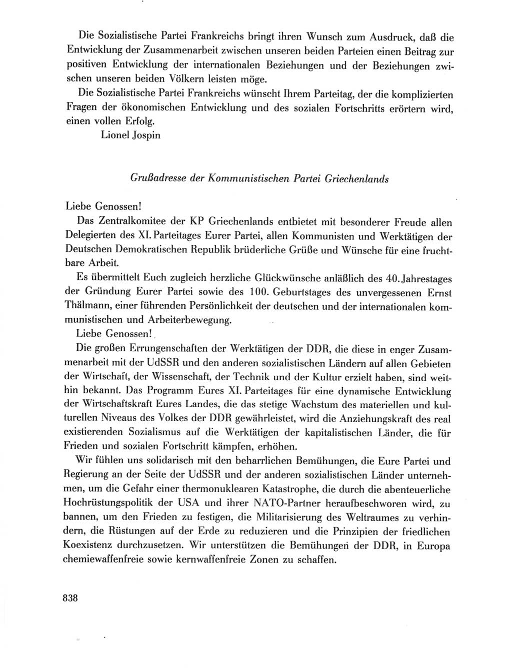 Protokoll der Verhandlungen des Ⅺ. Parteitages der Sozialistischen Einheitspartei Deutschlands (SED) [Deutsche Demokratische Republik (DDR)] 1986, Seite 838