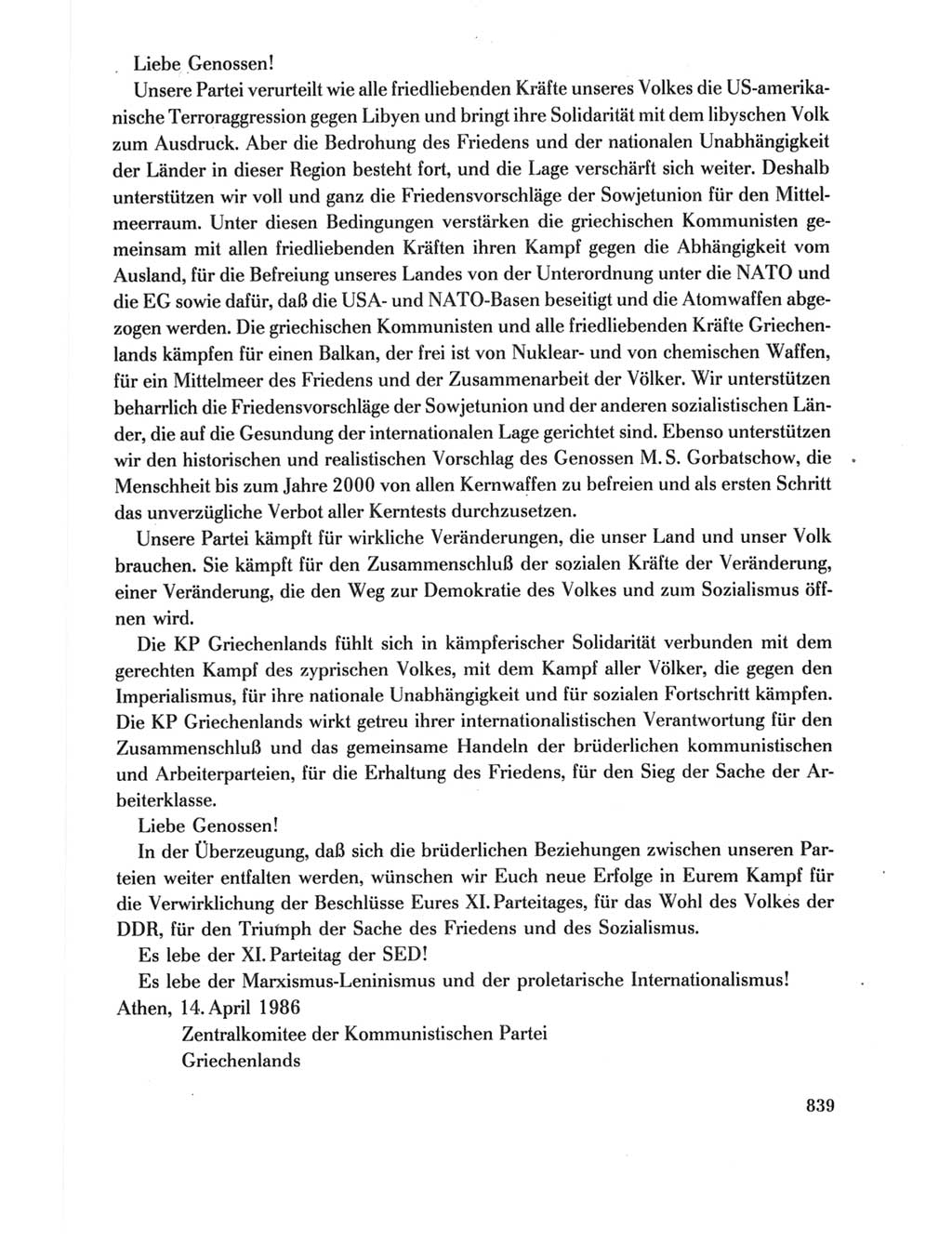 Protokoll der Verhandlungen des Ⅺ. Parteitages der Sozialistischen Einheitspartei Deutschlands (SED) [Deutsche Demokratische Republik (DDR)] 1986, Seite 839