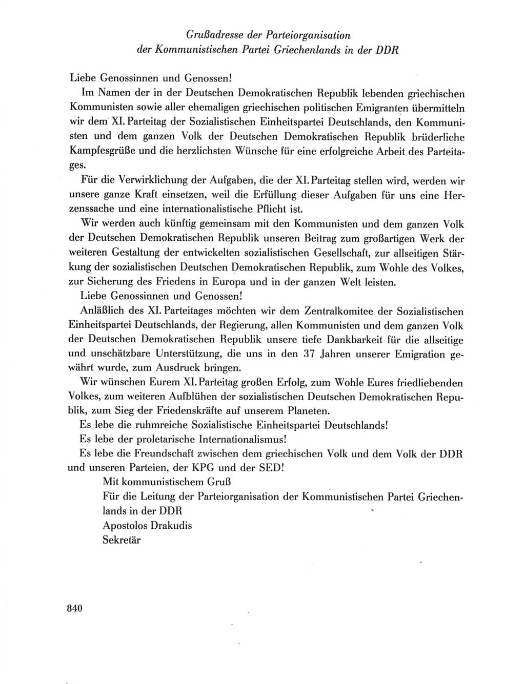 Protokoll der Verhandlungen des Ⅺ. Parteitages der Sozialistischen Einheitspartei Deutschlands (SED) [Deutsche Demokratische Republik (DDR)] 1986, Seite 840