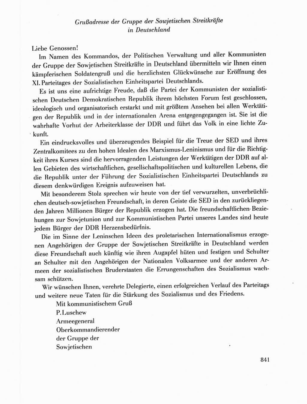 Protokoll der Verhandlungen des Ⅺ. Parteitages der Sozialistischen Einheitspartei Deutschlands (SED) [Deutsche Demokratische Republik (DDR)] 1986, Seite 841