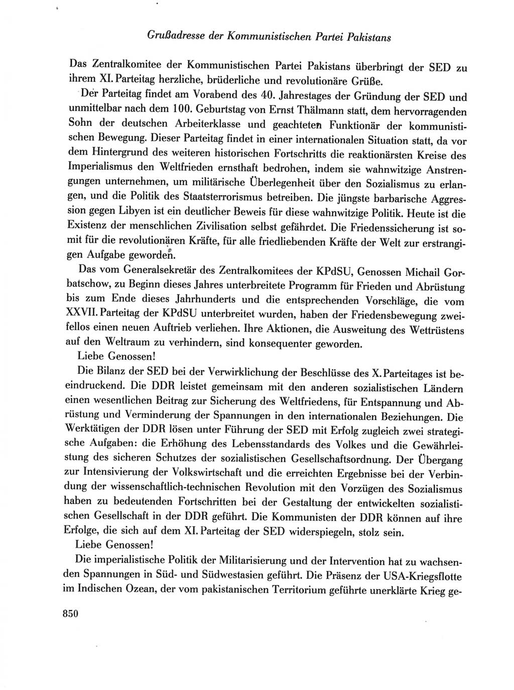 Protokoll der Verhandlungen des Ⅺ. Parteitages der Sozialistischen Einheitspartei Deutschlands (SED) [Deutsche Demokratische Republik (DDR)] 1986, Seite 850