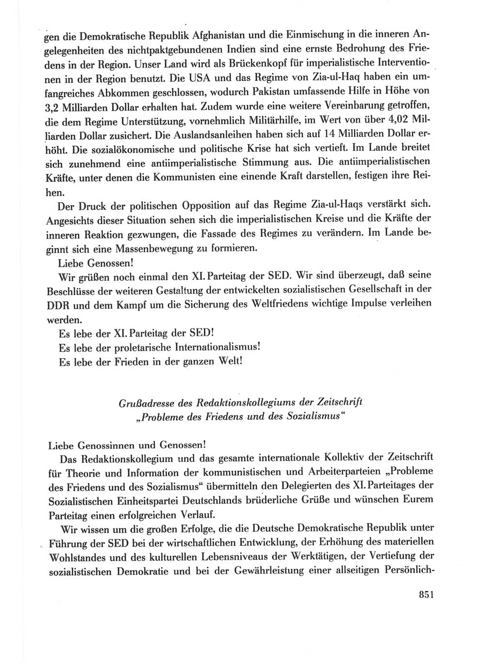 Protokoll der Verhandlungen des Ⅺ. Parteitages der Sozialistischen Einheitspartei Deutschlands (SED) [Deutsche Demokratische Republik (DDR)] 1986, Seite 851