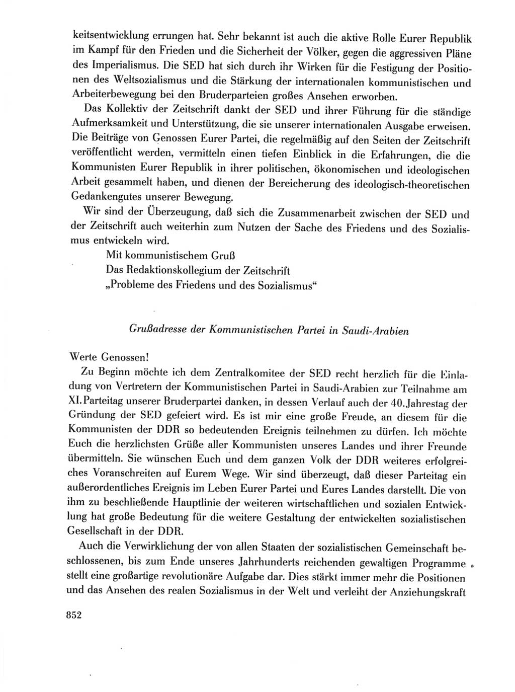Protokoll der Verhandlungen des Ⅺ. Parteitages der Sozialistischen Einheitspartei Deutschlands (SED) [Deutsche Demokratische Republik (DDR)] 1986, Seite 852