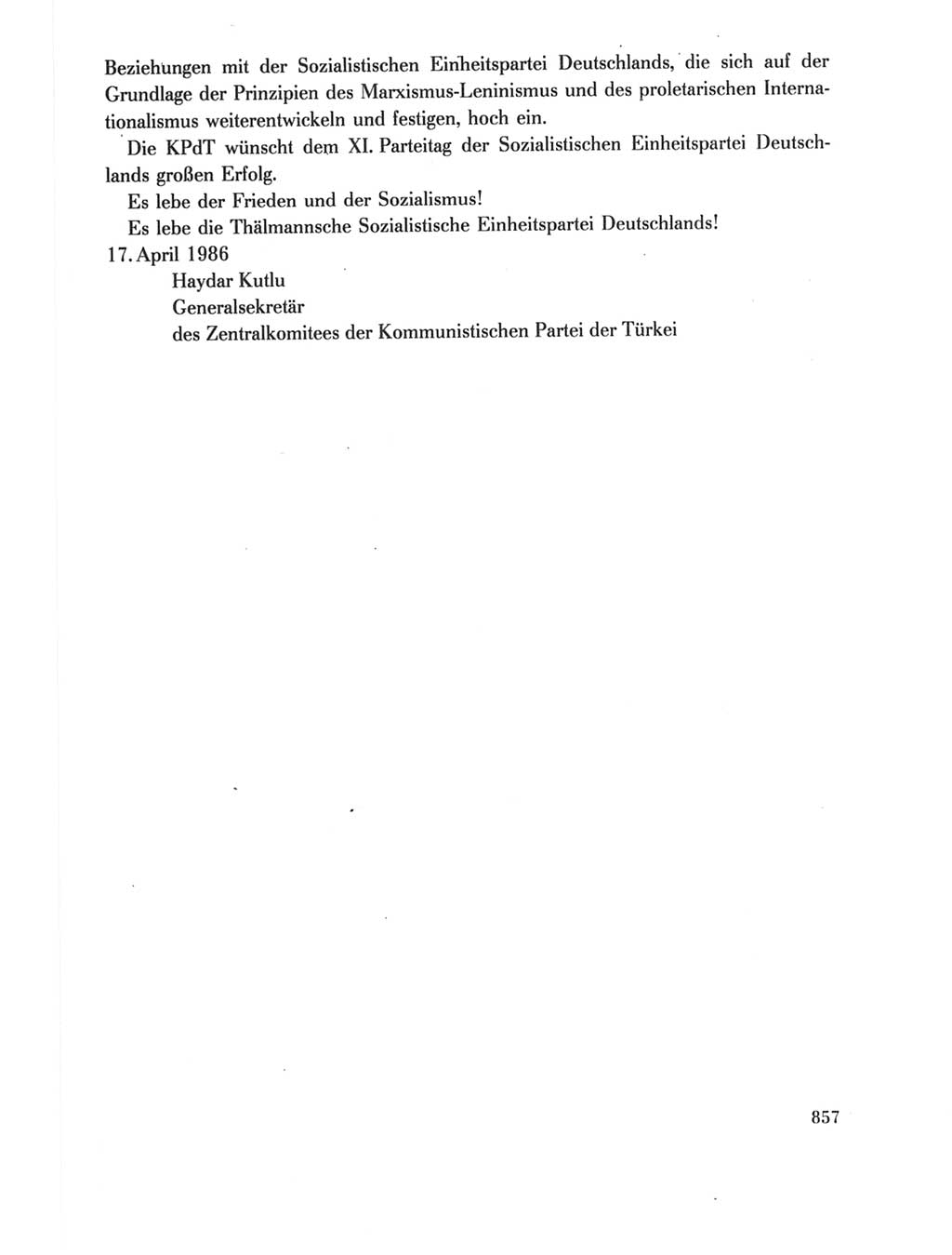 Protokoll der Verhandlungen des Ⅺ. Parteitages der Sozialistischen Einheitspartei Deutschlands (SED) [Deutsche Demokratische Republik (DDR)] 1986, Seite 857