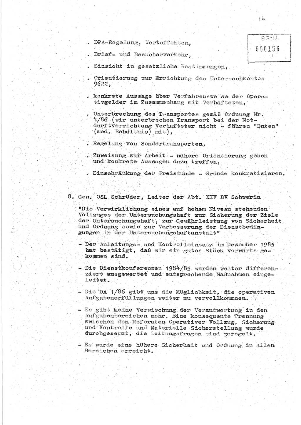 Protokoll zur zentralen Dienstkonferenz der Linie (Abteilung) ⅩⅣ des MfS [Ministerium für Staatssicherheit, Deutsche Demokratische Republik (DDR)] am 5.3./6.3.1986 in der Abteilung (Abt.) XIV des MfS Berlin, Abteilung XIV, Berlin 5.3./6.3.1986, Seite 14 (Prot. Di.-Konf. Abt. ⅩⅣ MfS DDR Bln. 1986, S. 14)