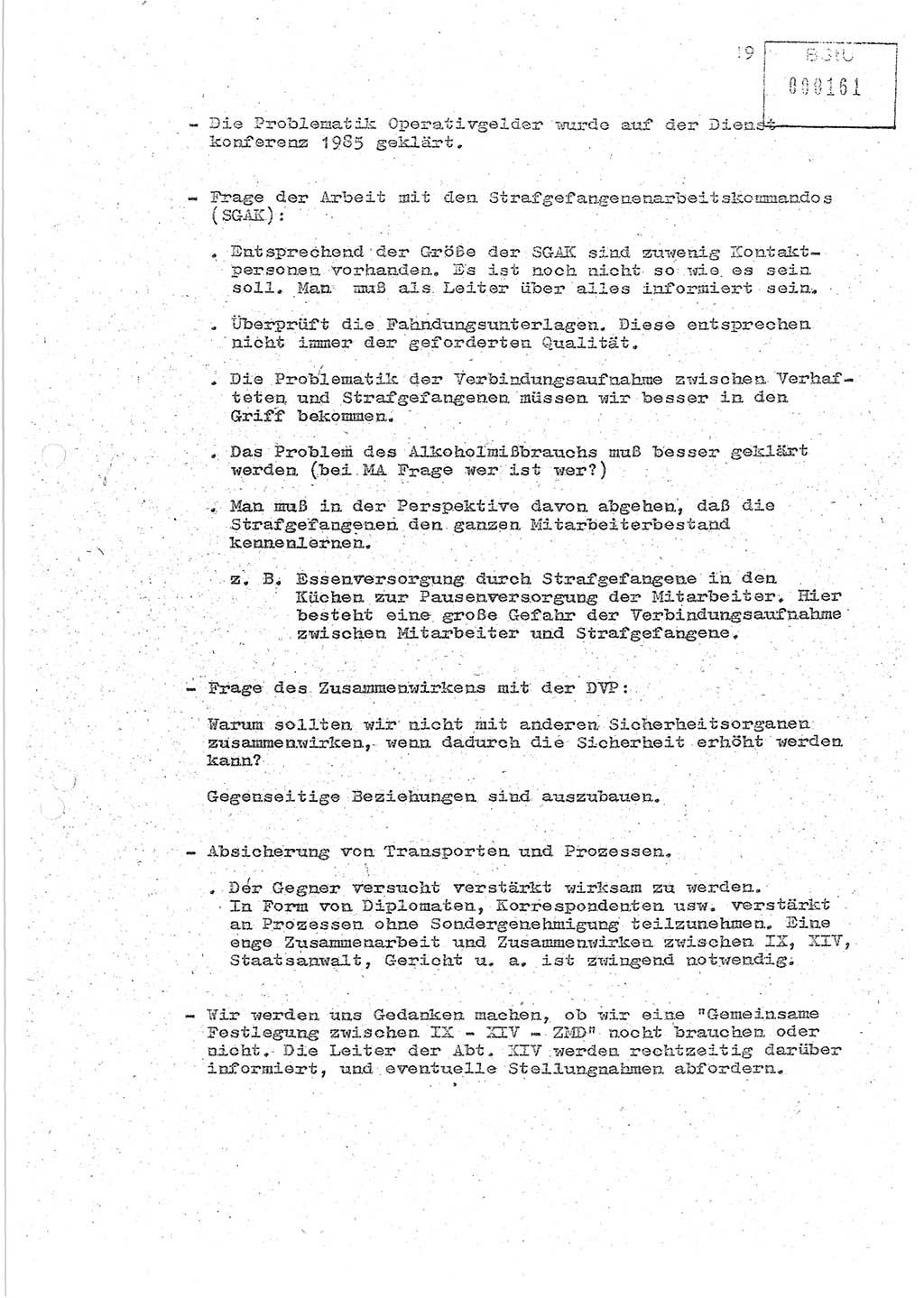 Protokoll zur zentralen Dienstkonferenz der Linie (Abteilung) ⅩⅣ des MfS [Ministerium für Staatssicherheit, Deutsche Demokratische Republik (DDR)] am 5.3./6.3.1986 in der Abteilung (Abt.) XIV des MfS Berlin, Abteilung XIV, Berlin 5.3./6.3.1986, Seite 19 (Prot. Di.-Konf. Abt. ⅩⅣ MfS DDR Bln. 1986, S. 19)