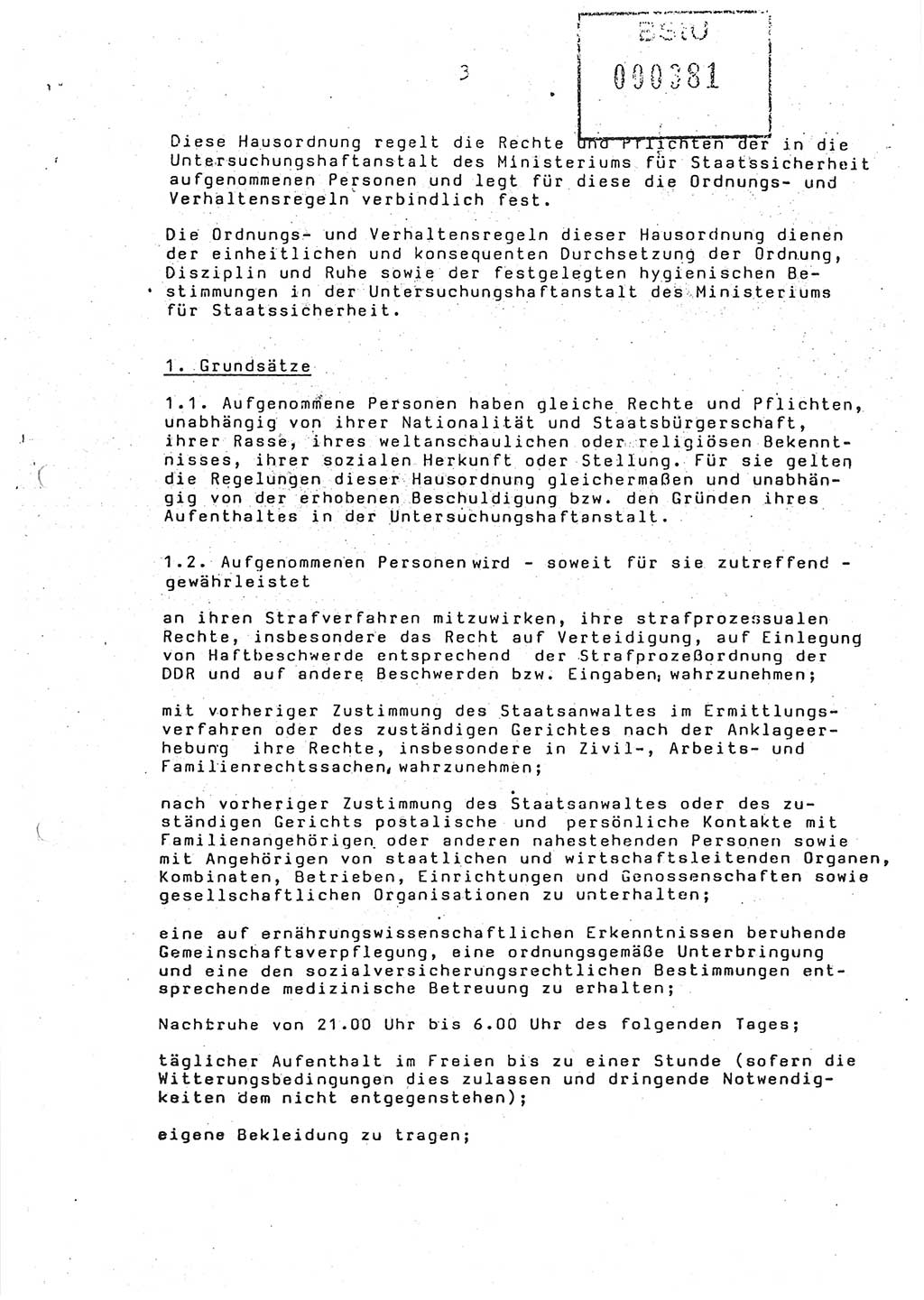 Ordnungs- und Verhaltensregeln (Hausordnung) für in die Untersuchungshaftanstalt (UHA) aufgenommene Personen, Ministerium für Staatssicherheit (MfS) [Deutsche Demokratische Republik (DDR)], Abteilung ⅩⅣ, Leiter, Büro der Leitung (BdL) 35/86, Berlin, 29.1.1986, Blatt 3 (H.-Ordn. UHA MfS DDR Abt. ⅩⅣ Ltr. BdL/35/86 1986, Bl. 3)