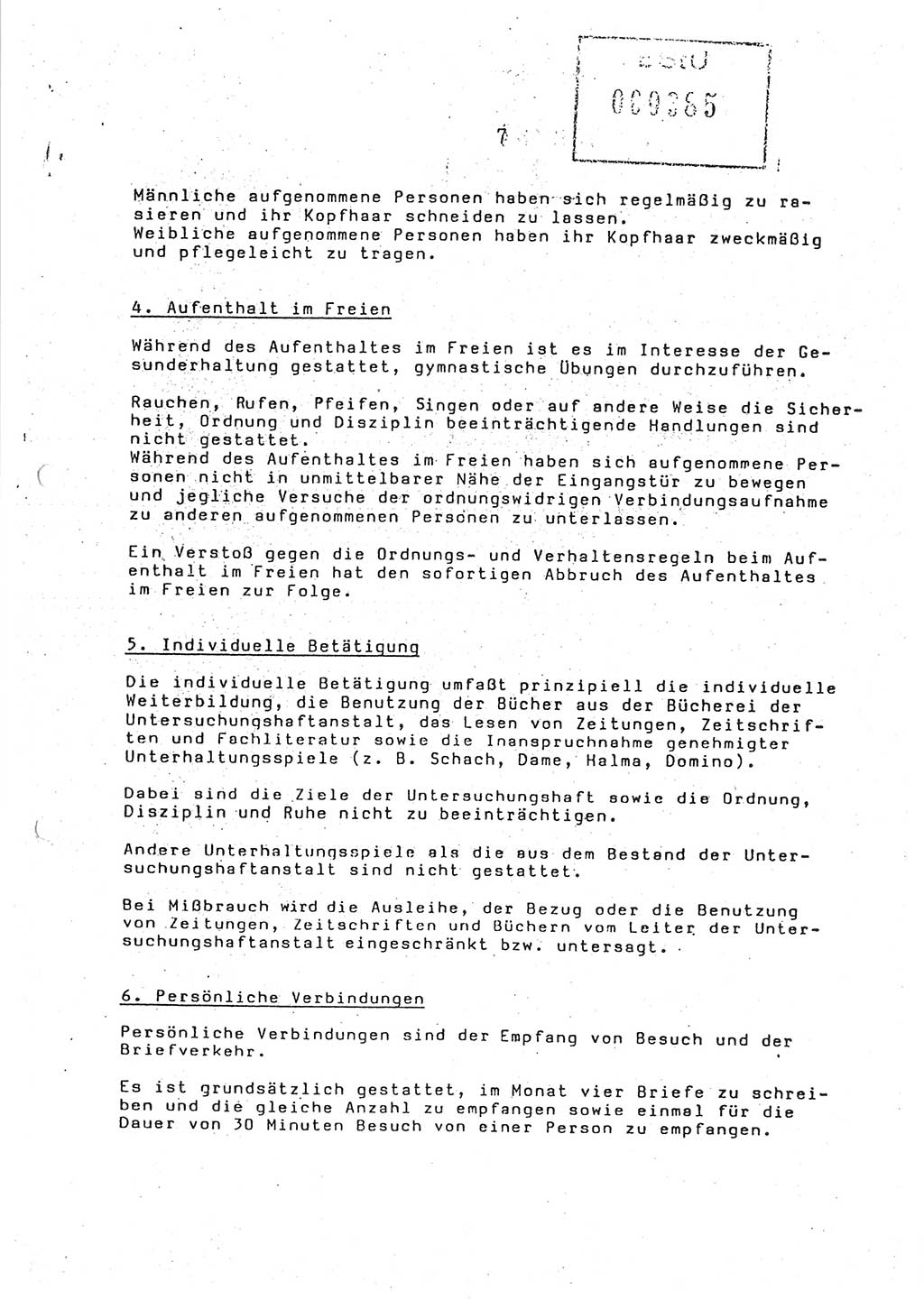 Ordnungs- und Verhaltensregeln (Hausordnung) für in die Untersuchungshaftanstalt (UHA) aufgenommene Personen, Ministerium für Staatssicherheit (MfS) [Deutsche Demokratische Republik (DDR)], Abteilung ⅩⅣ, Leiter, Büro der Leitung (BdL) 35/86, Berlin, 29.1.1986, Blatt 7 (H.-Ordn. UHA MfS DDR Abt. ⅩⅣ Ltr. BdL/35/86 1986, Bl. 7)