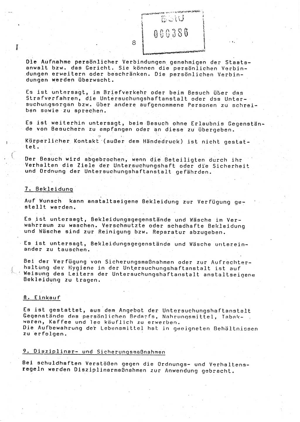 Ordnungs- und Verhaltensregeln (Hausordnung) für in die Untersuchungshaftanstalt (UHA) aufgenommene Personen, Ministerium für Staatssicherheit (MfS) [Deutsche Demokratische Republik (DDR)], Abteilung ⅩⅣ, Leiter, Büro der Leitung (BdL) 35/86, Berlin, 29.1.1986, Blatt 8 (H.-Ordn. UHA MfS DDR Abt. ⅩⅣ Ltr. BdL/35/86 1986, Bl. 8)