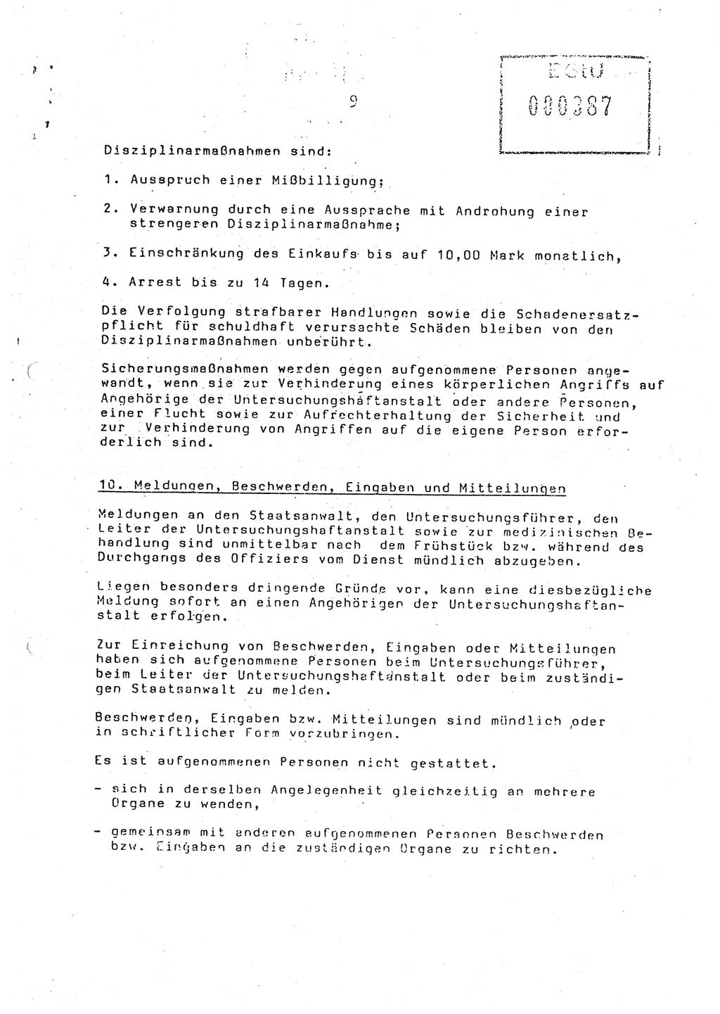 Ordnungs- und Verhaltensregeln (Hausordnung) für in die Untersuchungshaftanstalt (UHA) aufgenommene Personen, Ministerium für Staatssicherheit (MfS) [Deutsche Demokratische Republik (DDR)], Abteilung ⅩⅣ, Leiter, Büro der Leitung (BdL) 35/86, Berlin, 29.1.1986, Blatt 9 (H.-Ordn. UHA MfS DDR Abt. ⅩⅣ Ltr. BdL/35/86 1986, Bl. 9)