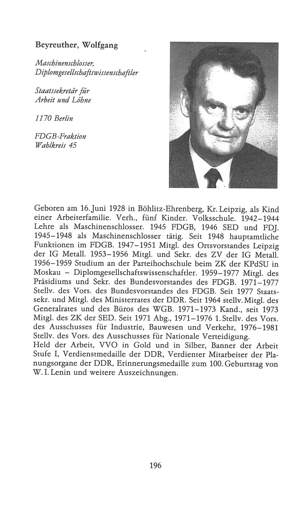 Volkskammer (VK) der Deutschen Demokratischen Republik (DDR), 9. Wahlperiode 1986-1990, Seite 196 (VK. DDR 9. WP. 1986-1990, S. 196)