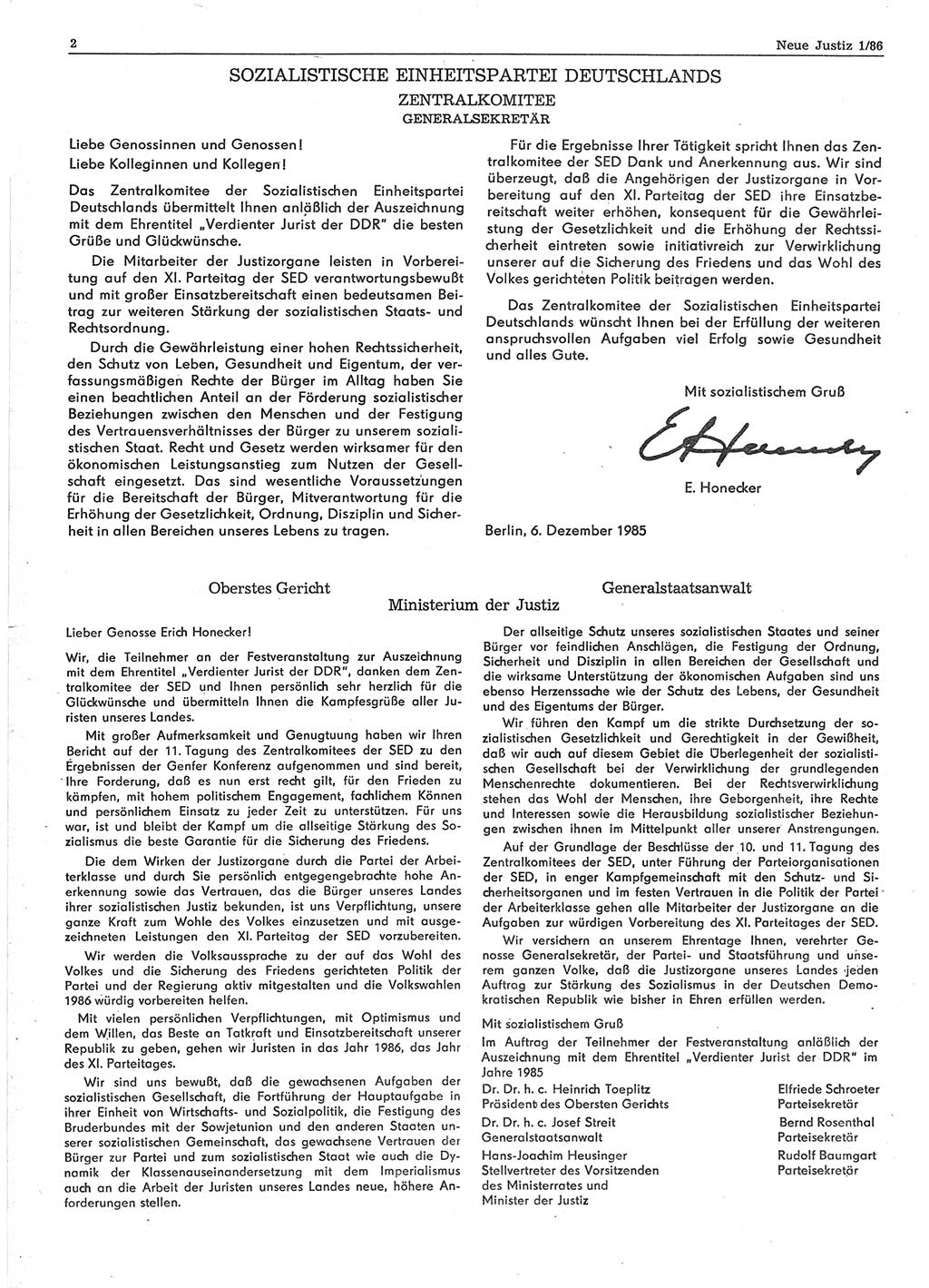 Neue Justiz (NJ), Zeitschrift für sozialistisches Recht und Gesetzlichkeit [Deutsche Demokratische Republik (DDR)], 40. Jahrgang 1986, Seite 2 (NJ DDR 1986, S. 2)