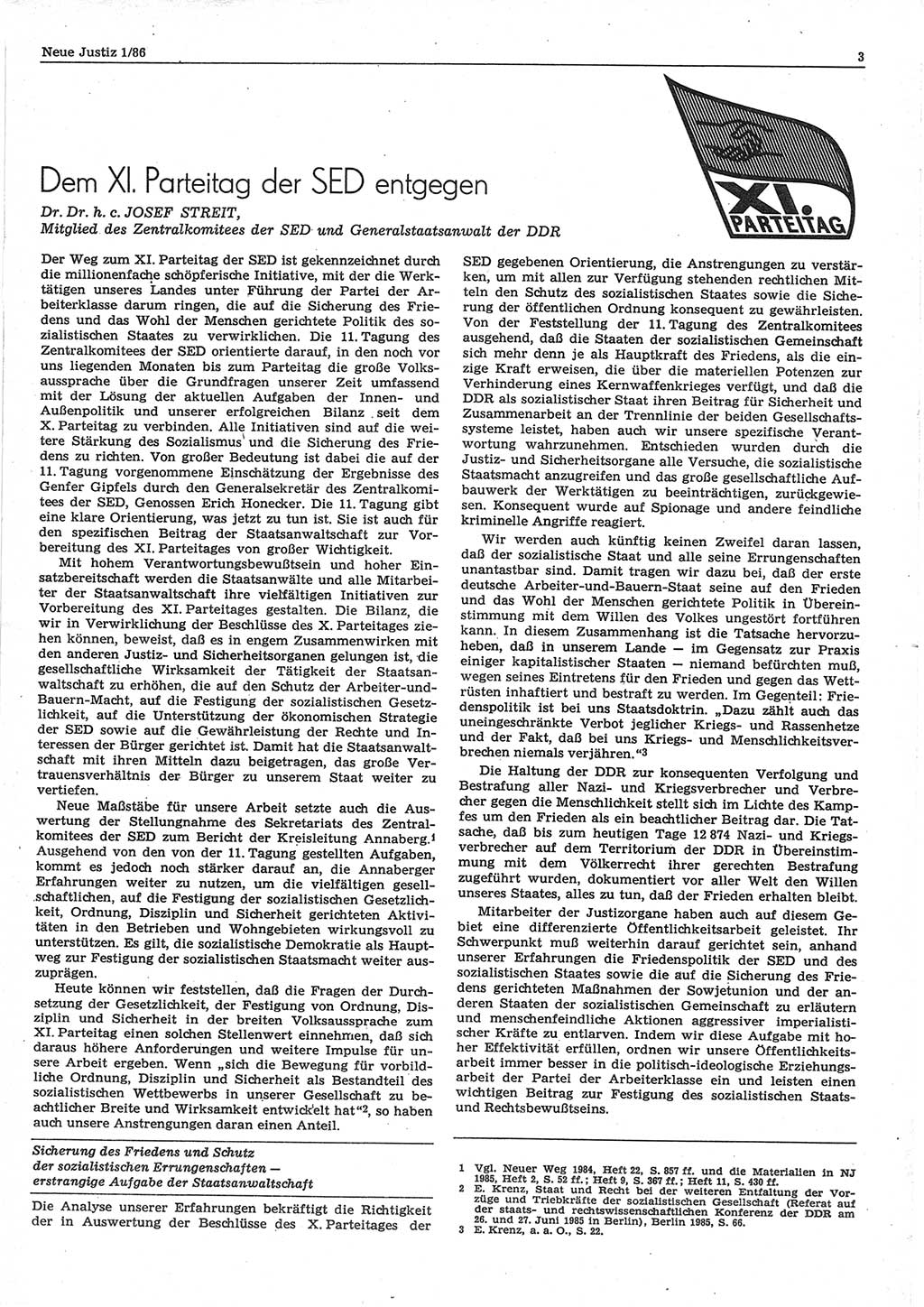 Neue Justiz (NJ), Zeitschrift für sozialistisches Recht und Gesetzlichkeit [Deutsche Demokratische Republik (DDR)], 40. Jahrgang 1986, Seite 3 (NJ DDR 1986, S. 3)