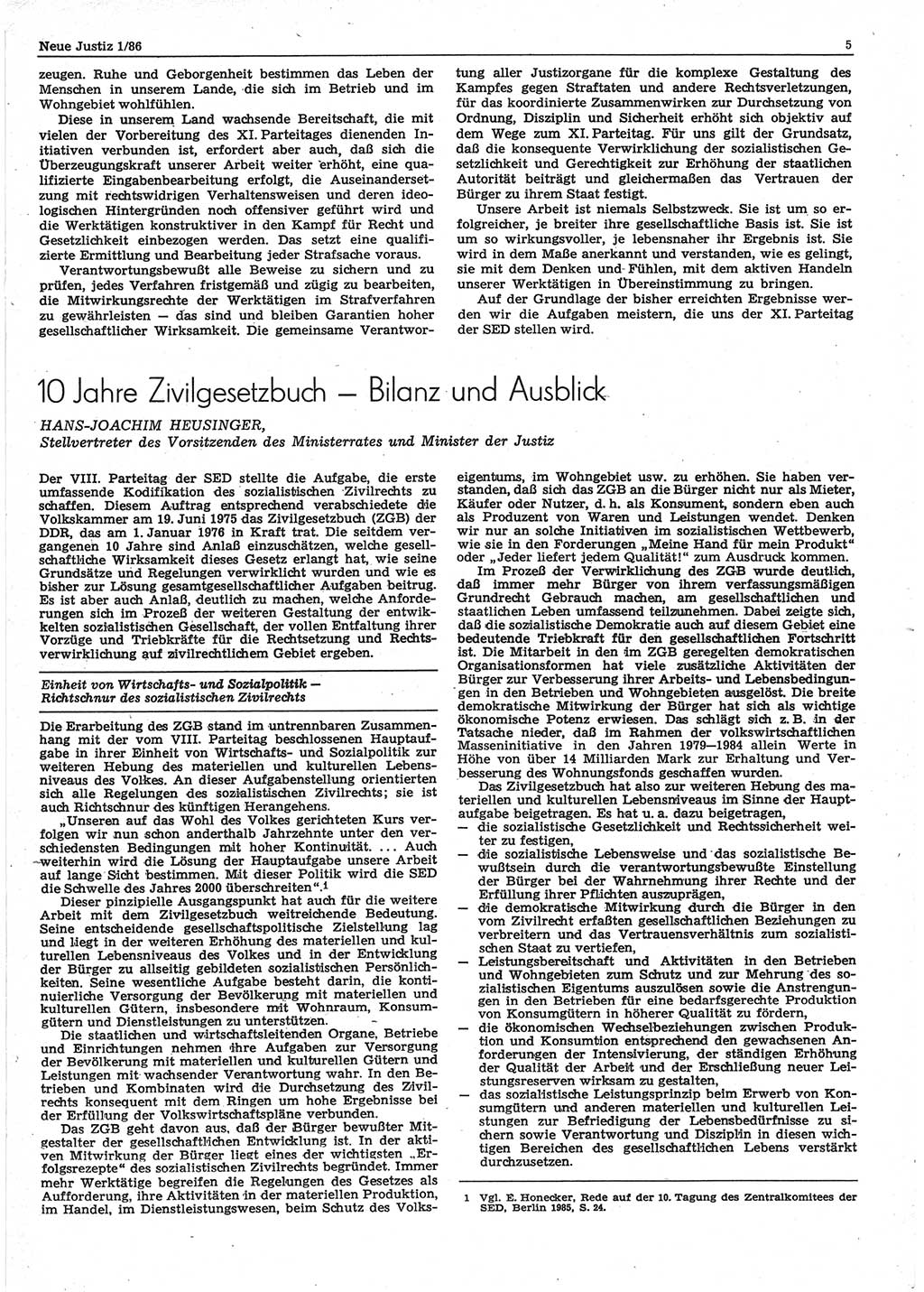 Neue Justiz (NJ), Zeitschrift für sozialistisches Recht und Gesetzlichkeit [Deutsche Demokratische Republik (DDR)], 40. Jahrgang 1986, Seite 5 (NJ DDR 1986, S. 5)