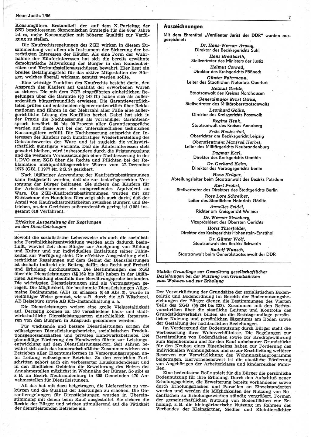 Neue Justiz (NJ), Zeitschrift für sozialistisches Recht und Gesetzlichkeit [Deutsche Demokratische Republik (DDR)], 40. Jahrgang 1986, Seite 7 (NJ DDR 1986, S. 7)