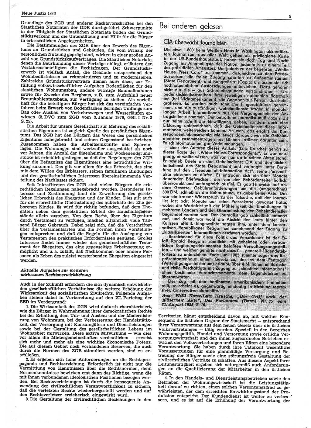 Neue Justiz (NJ), Zeitschrift für sozialistisches Recht und Gesetzlichkeit [Deutsche Demokratische Republik (DDR)], 40. Jahrgang 1986, Seite 9 (NJ DDR 1986, S. 9)