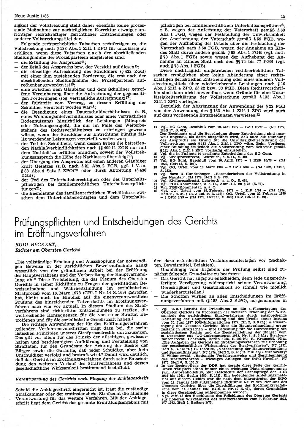 Neue Justiz (NJ), Zeitschrift für sozialistisches Recht und Gesetzlichkeit [Deutsche Demokratische Republik (DDR)], 40. Jahrgang 1986, Seite 15 (NJ DDR 1986, S. 15)