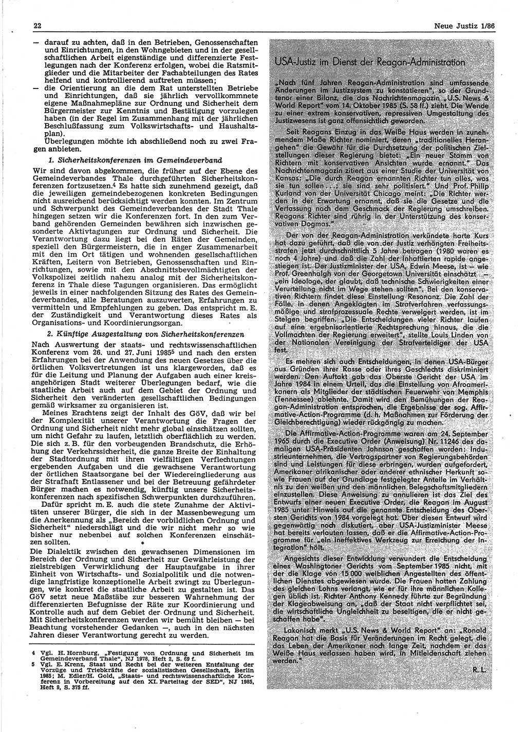 Neue Justiz (NJ), Zeitschrift für sozialistisches Recht und Gesetzlichkeit [Deutsche Demokratische Republik (DDR)], 40. Jahrgang 1986, Seite 22 (NJ DDR 1986, S. 22)