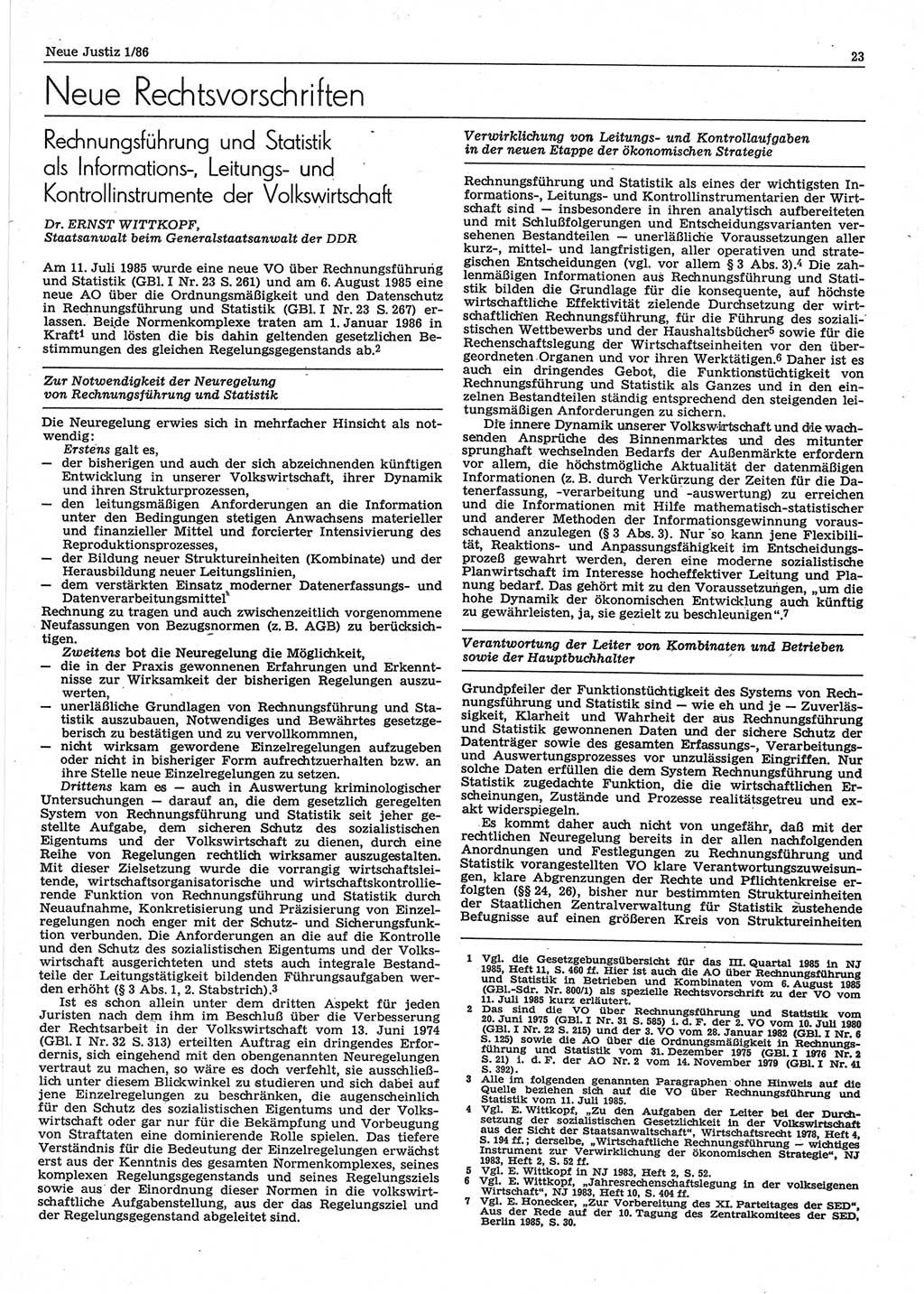 Neue Justiz (NJ), Zeitschrift für sozialistisches Recht und Gesetzlichkeit [Deutsche Demokratische Republik (DDR)], 40. Jahrgang 1986, Seite 23 (NJ DDR 1986, S. 23)