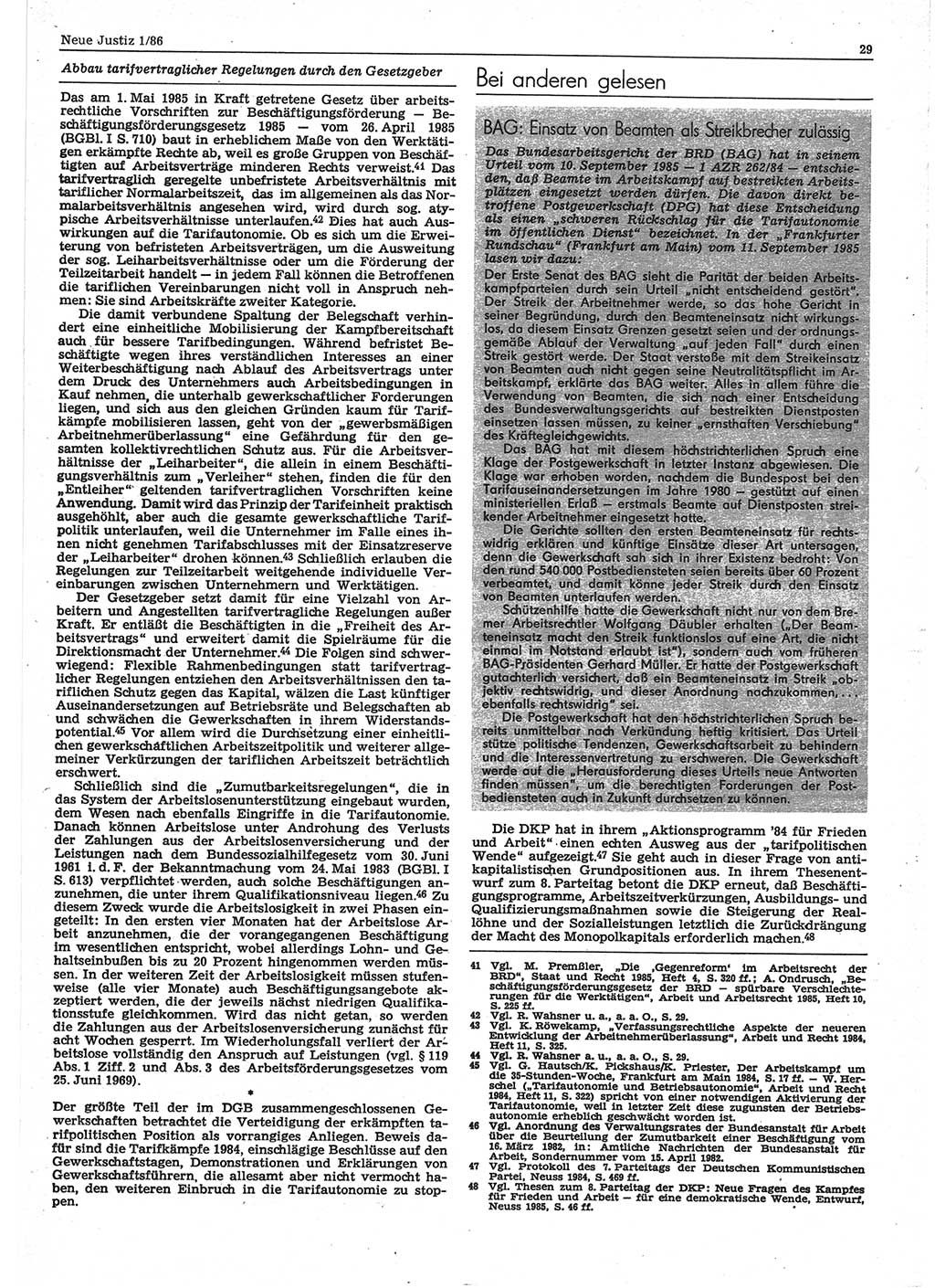 Neue Justiz (NJ), Zeitschrift für sozialistisches Recht und Gesetzlichkeit [Deutsche Demokratische Republik (DDR)], 40. Jahrgang 1986, Seite 29 (NJ DDR 1986, S. 29)