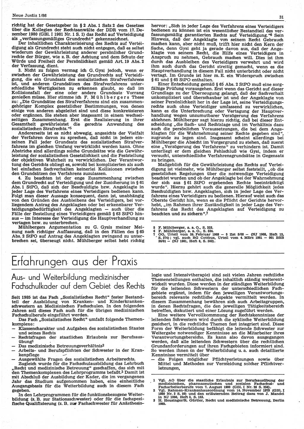 Neue Justiz (NJ), Zeitschrift für sozialistisches Recht und Gesetzlichkeit [Deutsche Demokratische Republik (DDR)], 40. Jahrgang 1986, Seite 31 (NJ DDR 1986, S. 31)