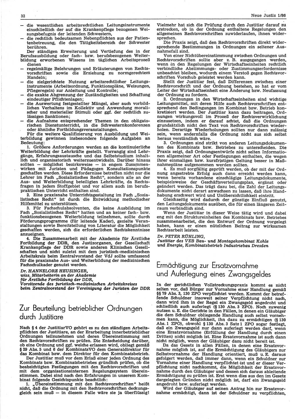 Neue Justiz (NJ), Zeitschrift für sozialistisches Recht und Gesetzlichkeit [Deutsche Demokratische Republik (DDR)], 40. Jahrgang 1986, Seite 32 (NJ DDR 1986, S. 32)