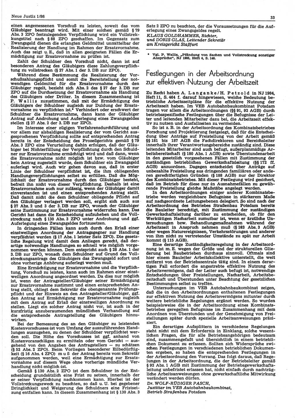 Neue Justiz (NJ), Zeitschrift für sozialistisches Recht und Gesetzlichkeit [Deutsche Demokratische Republik (DDR)], 40. Jahrgang 1986, Seite 33 (NJ DDR 1986, S. 33)