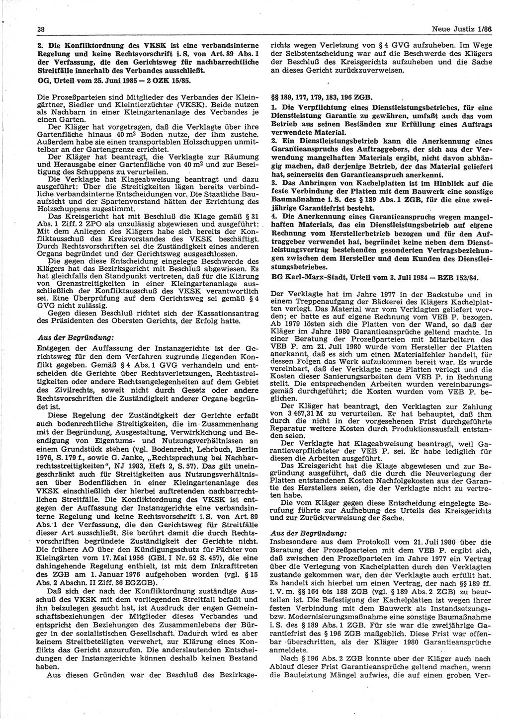 Neue Justiz (NJ), Zeitschrift für sozialistisches Recht und Gesetzlichkeit [Deutsche Demokratische Republik (DDR)], 40. Jahrgang 1986, Seite 38 (NJ DDR 1986, S. 38)