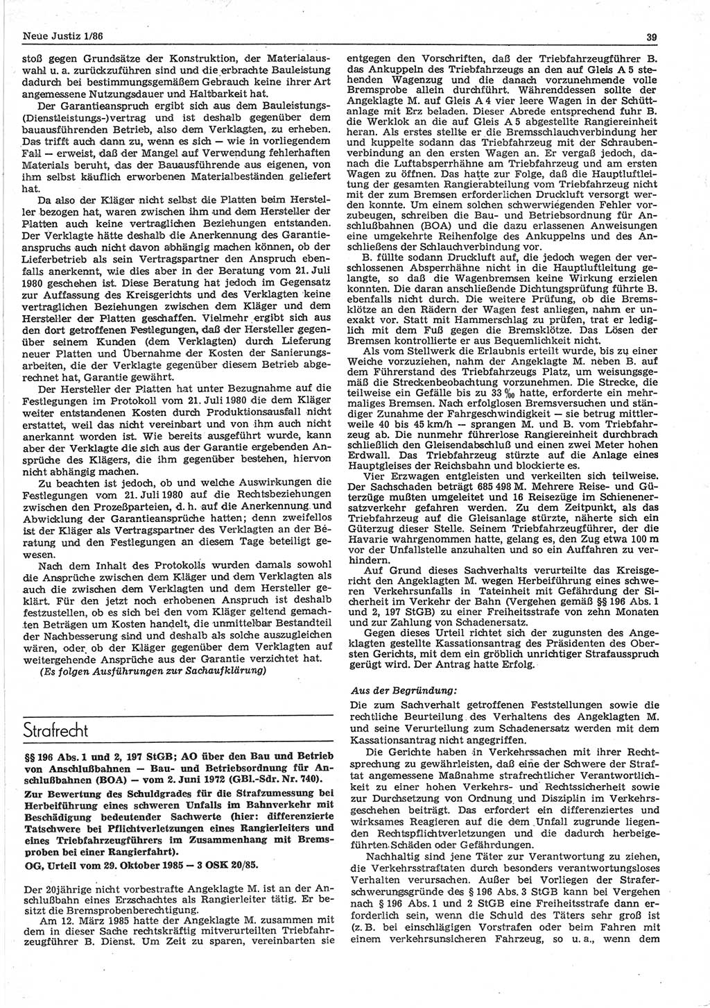 Neue Justiz (NJ), Zeitschrift für sozialistisches Recht und Gesetzlichkeit [Deutsche Demokratische Republik (DDR)], 40. Jahrgang 1986, Seite 39 (NJ DDR 1986, S. 39)
