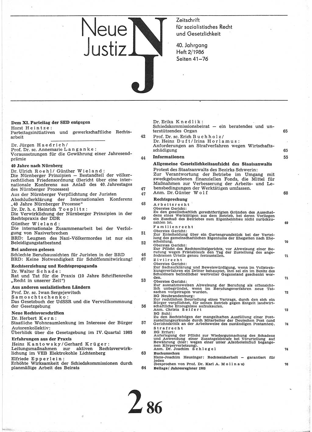 Neue Justiz (NJ), Zeitschrift für sozialistisches Recht und Gesetzlichkeit [Deutsche Demokratische Republik (DDR)], 40. Jahrgang 1986, Seite 41 (NJ DDR 1986, S. 41)