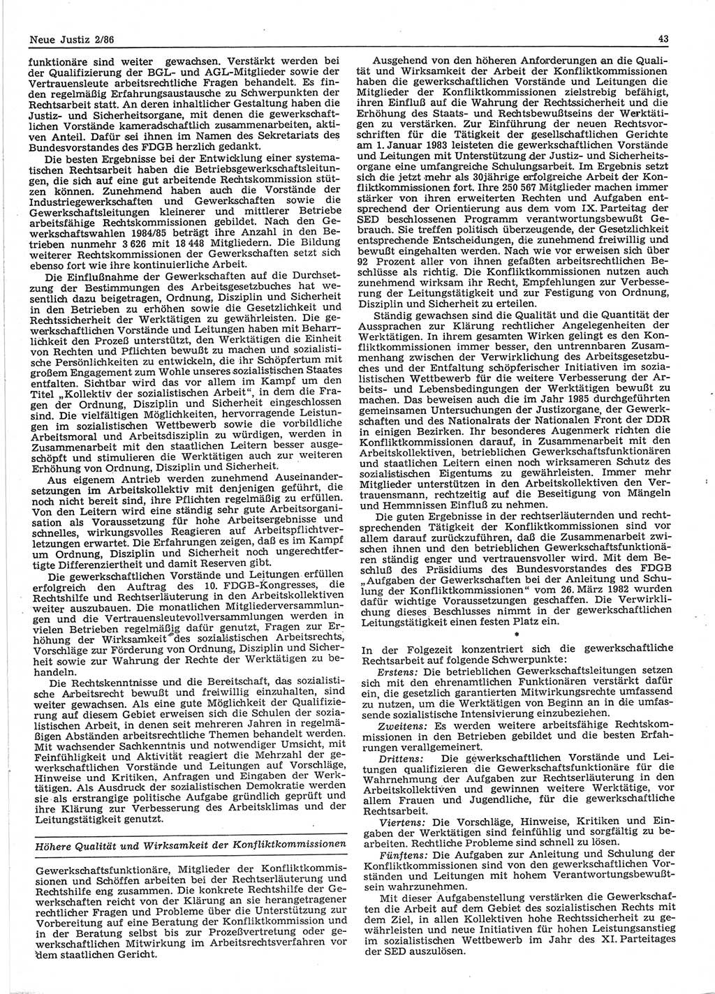 Neue Justiz (NJ), Zeitschrift für sozialistisches Recht und Gesetzlichkeit [Deutsche Demokratische Republik (DDR)], 40. Jahrgang 1986, Seite 43 (NJ DDR 1986, S. 43)