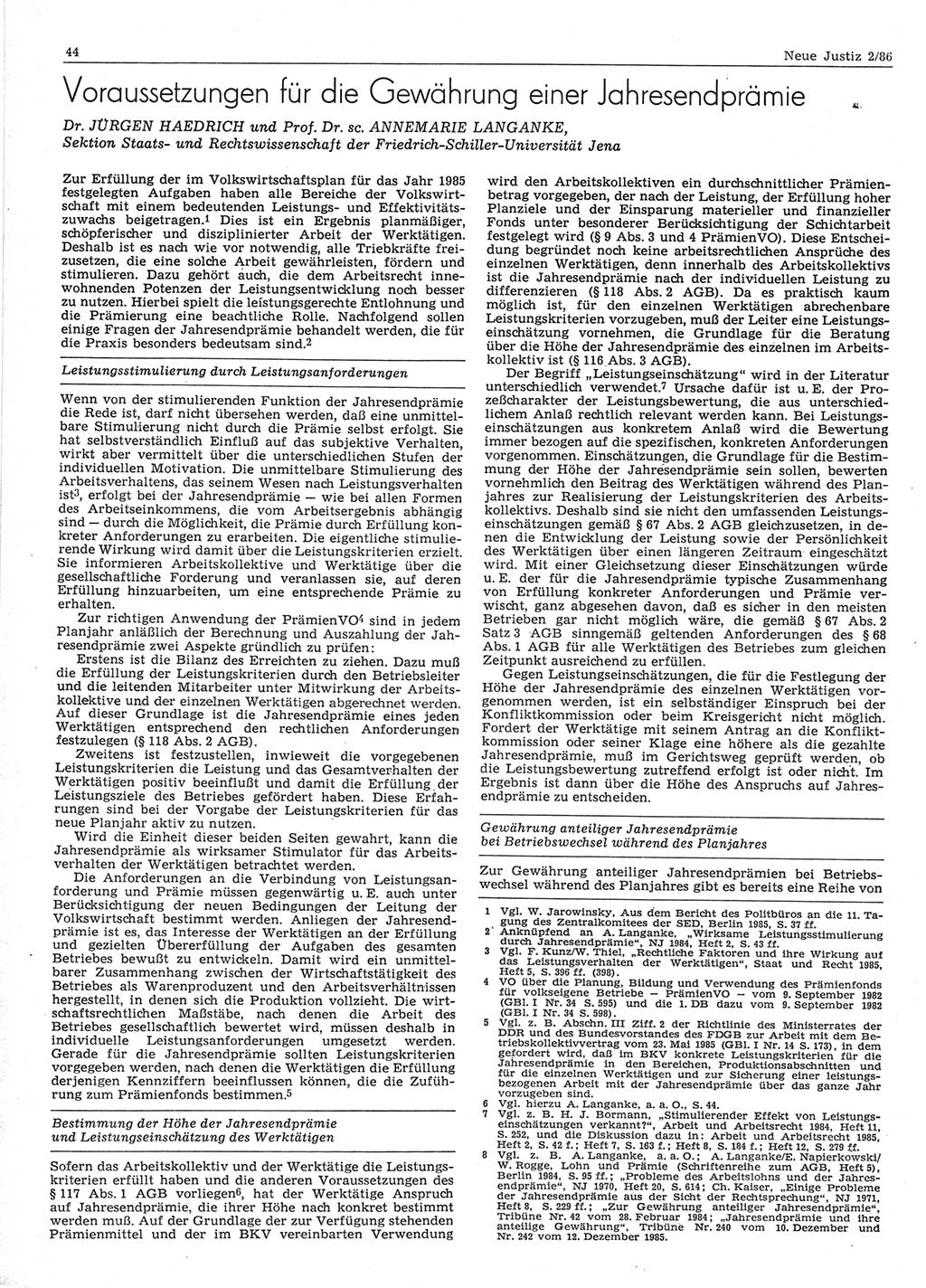 Neue Justiz (NJ), Zeitschrift für sozialistisches Recht und Gesetzlichkeit [Deutsche Demokratische Republik (DDR)], 40. Jahrgang 1986, Seite 44 (NJ DDR 1986, S. 44)