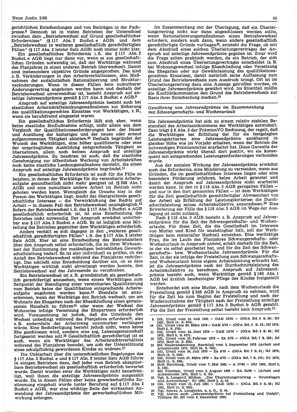 Neue Justiz (NJ), Zeitschrift für sozialistisches Recht und Gesetzlichkeit [Deutsche Demokratische Republik (DDR)], 40. Jahrgang 1986, Seite 45 (NJ DDR 1986, S. 45)