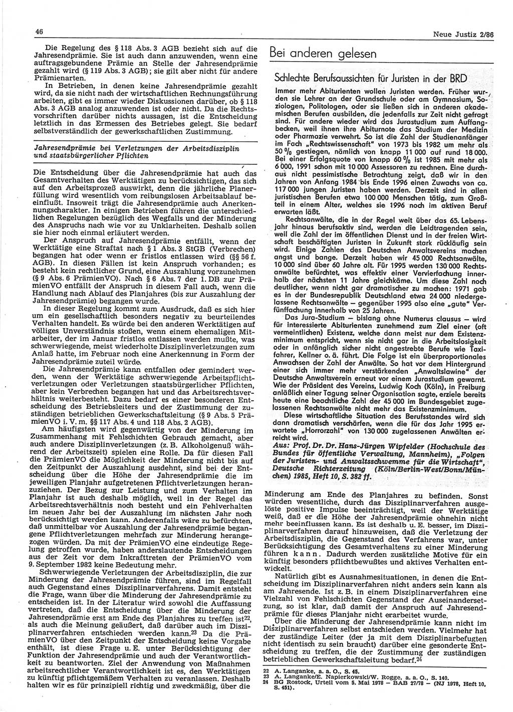 Neue Justiz (NJ), Zeitschrift für sozialistisches Recht und Gesetzlichkeit [Deutsche Demokratische Republik (DDR)], 40. Jahrgang 1986, Seite 46 (NJ DDR 1986, S. 46)
