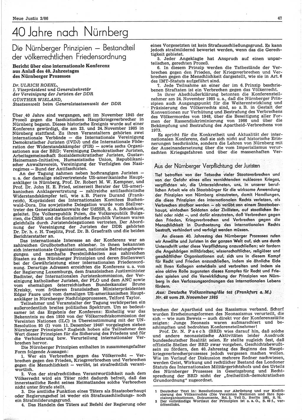 Neue Justiz (NJ), Zeitschrift für sozialistisches Recht und Gesetzlichkeit [Deutsche Demokratische Republik (DDR)], 40. Jahrgang 1986, Seite 47 (NJ DDR 1986, S. 47)