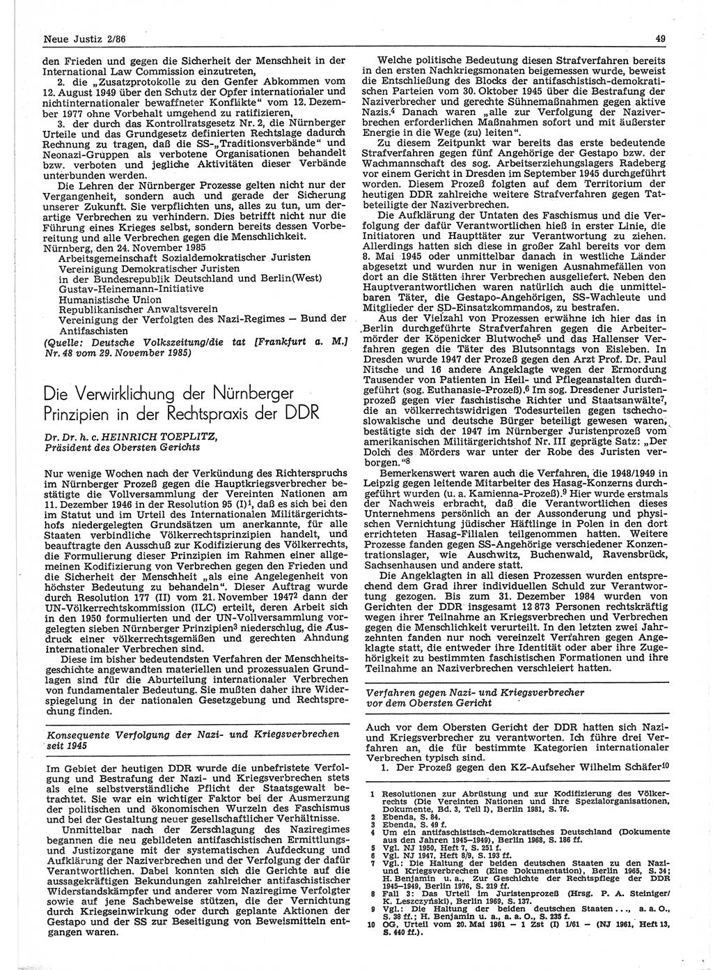 Neue Justiz (NJ), Zeitschrift für sozialistisches Recht und Gesetzlichkeit [Deutsche Demokratische Republik (DDR)], 40. Jahrgang 1986, Seite 49 (NJ DDR 1986, S. 49)